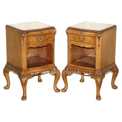 Pair of Antique Maple & Co Burr Walnut Bedside Tables Butlers Slip Serving Trays