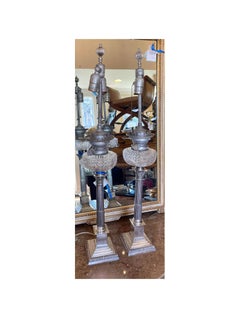 Pair of Antique Mappin & Webb Column Silver and Cut Crystal Table Lamps