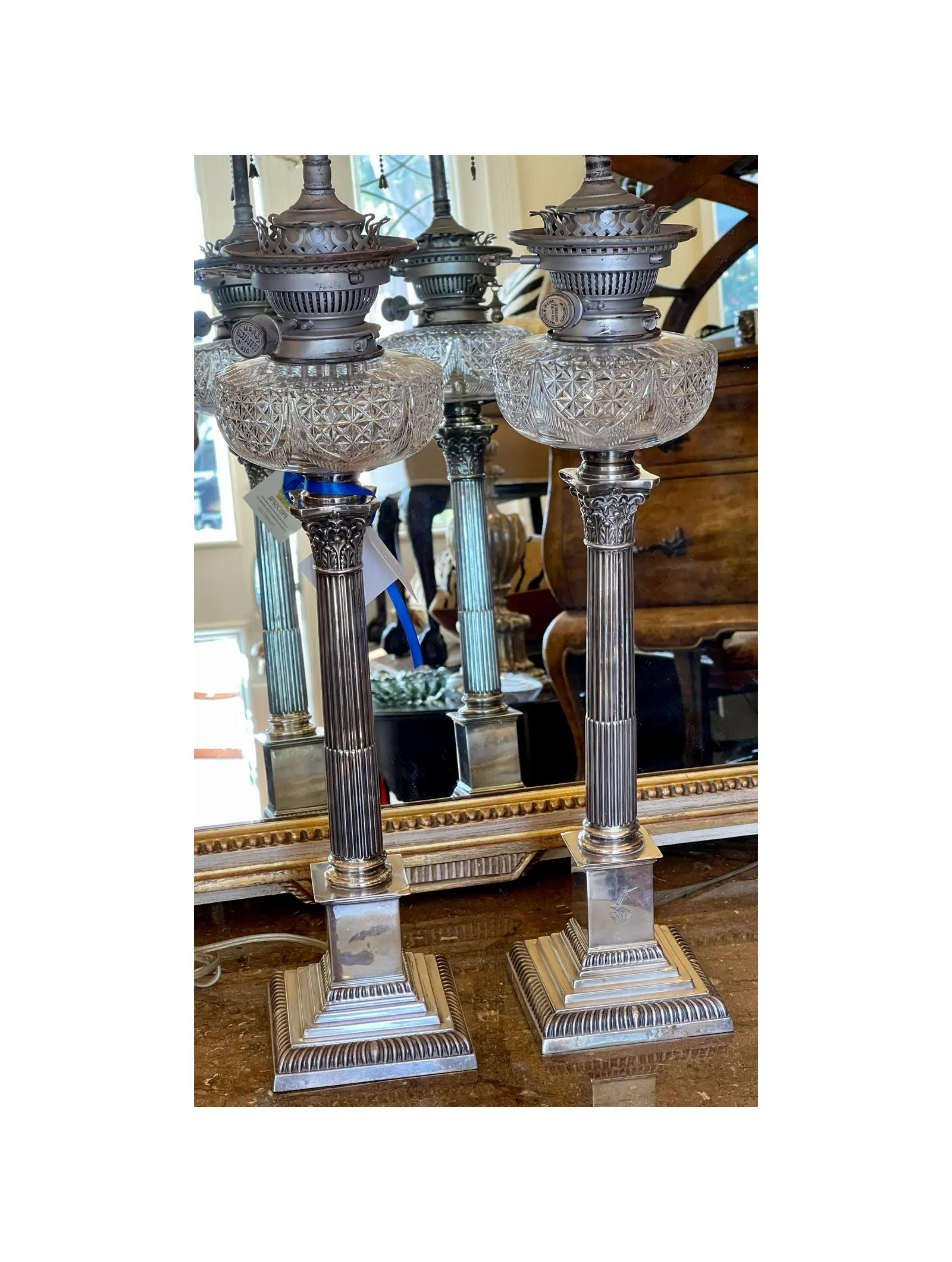 Pair of Antique Mappin & Webb Column Silver and Cut Crystal Table Lamps In Good Condition For Sale In LOS ANGELES, CA