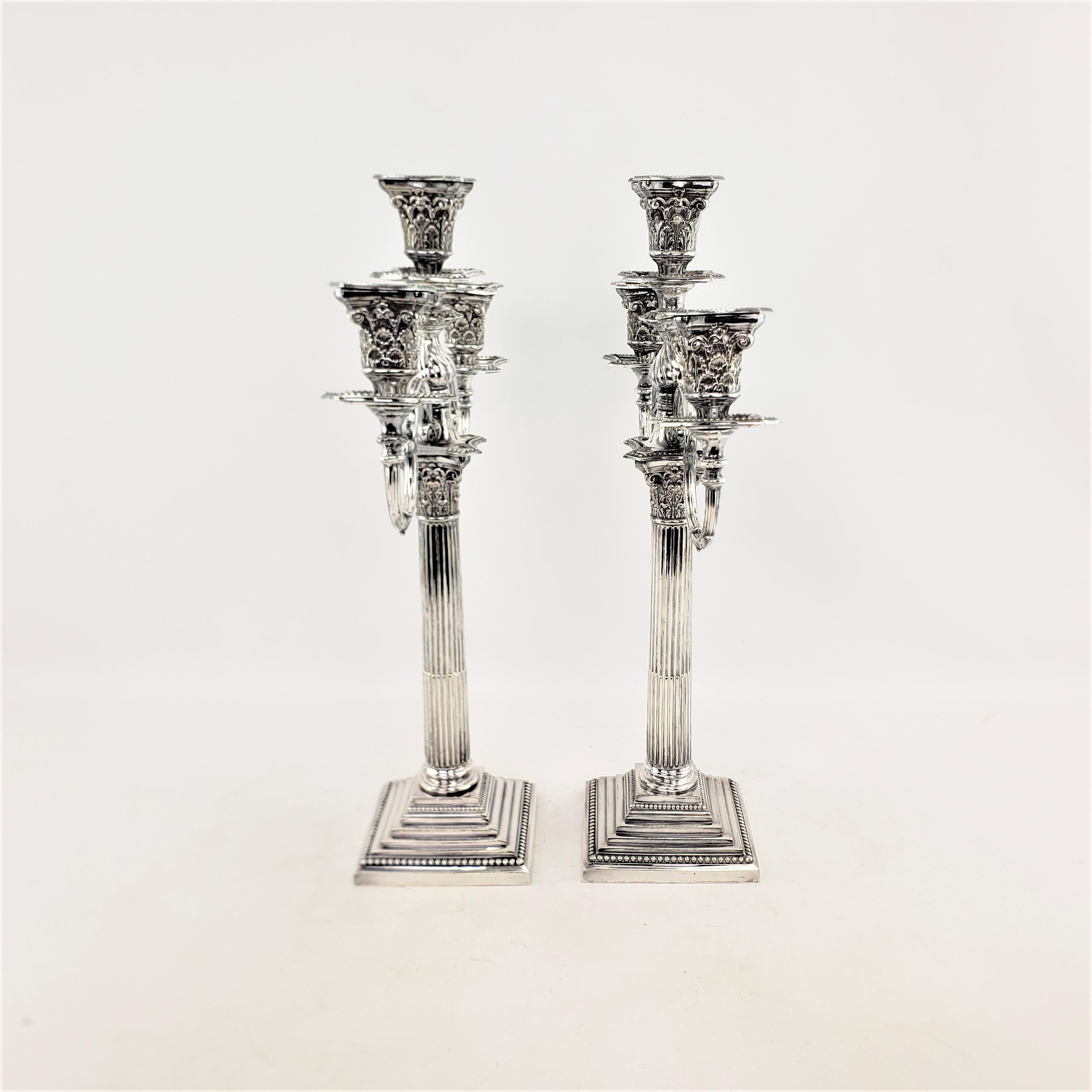 Silver Plate Pair of Antique Mappin & Webb Convertible Candelabras in Corinthian Column Style For Sale