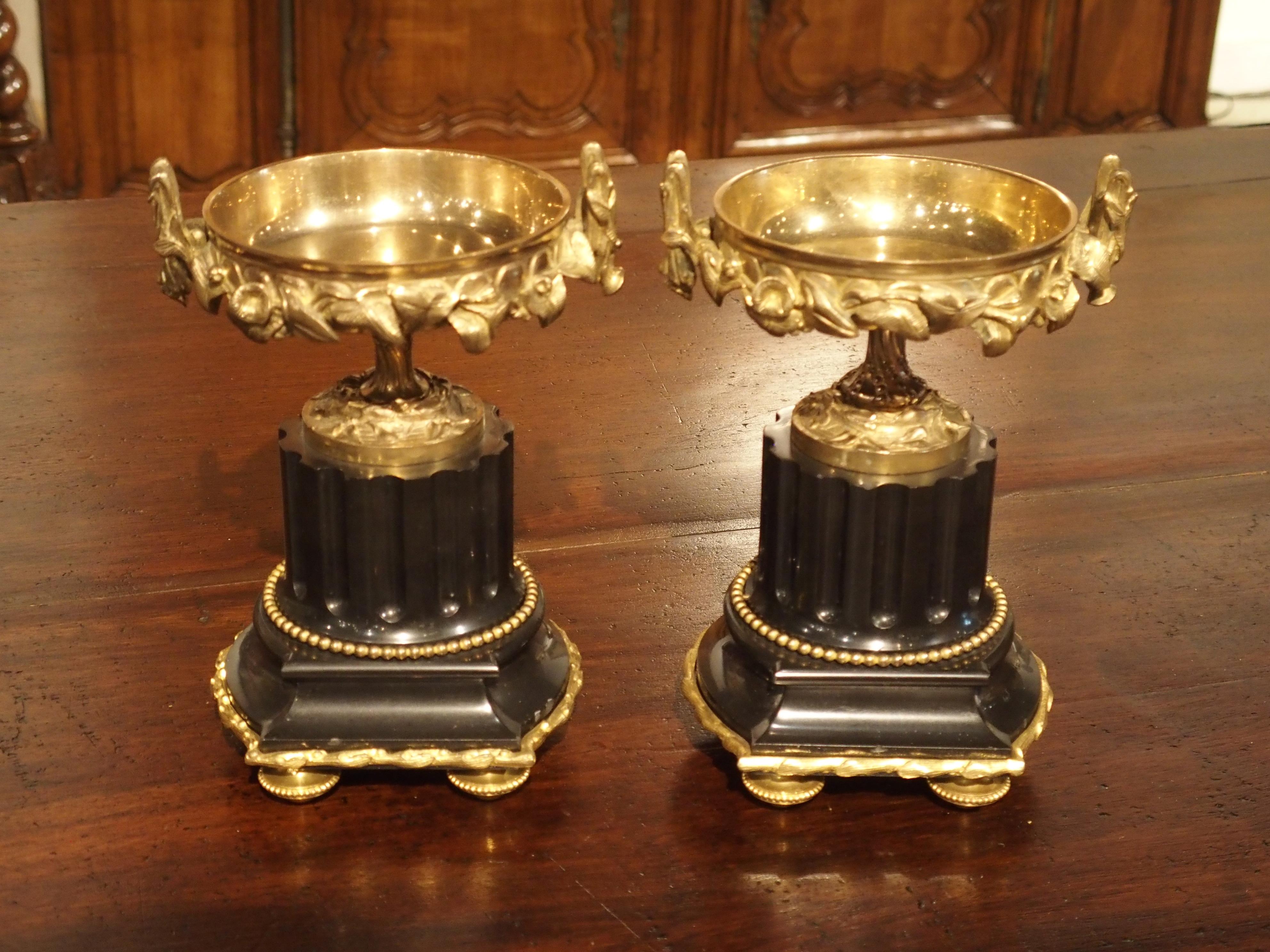 Neoclassical Pair of Antique Marble and Gilt Bronze Tazzas from France, circa 1870