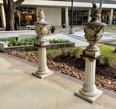 Pair of Antique Marble Carved Urns on Pedestals