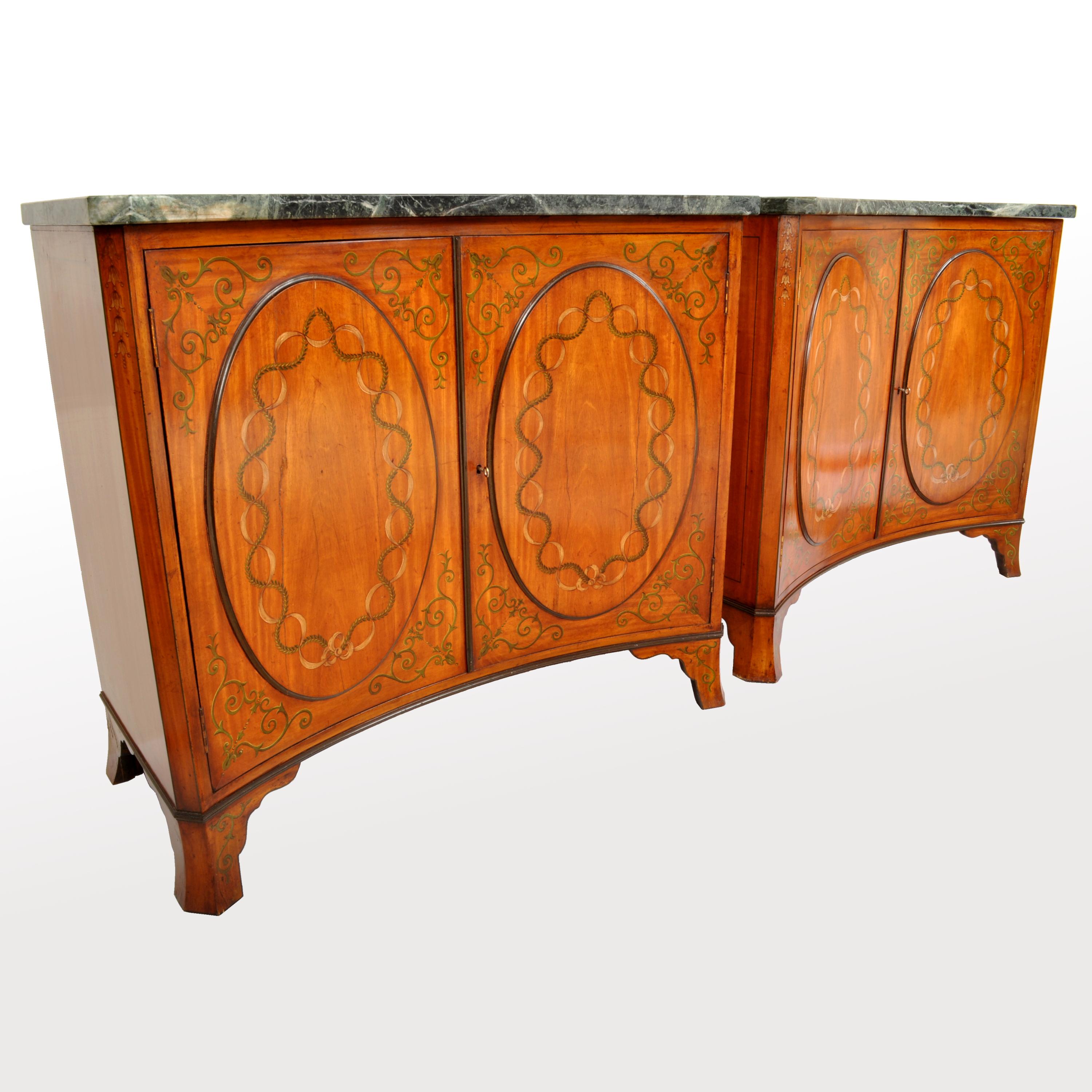Adam Style Pair of Antique Marble Top Painted Adam Revival Satinwood Commodes Cabinets 1880