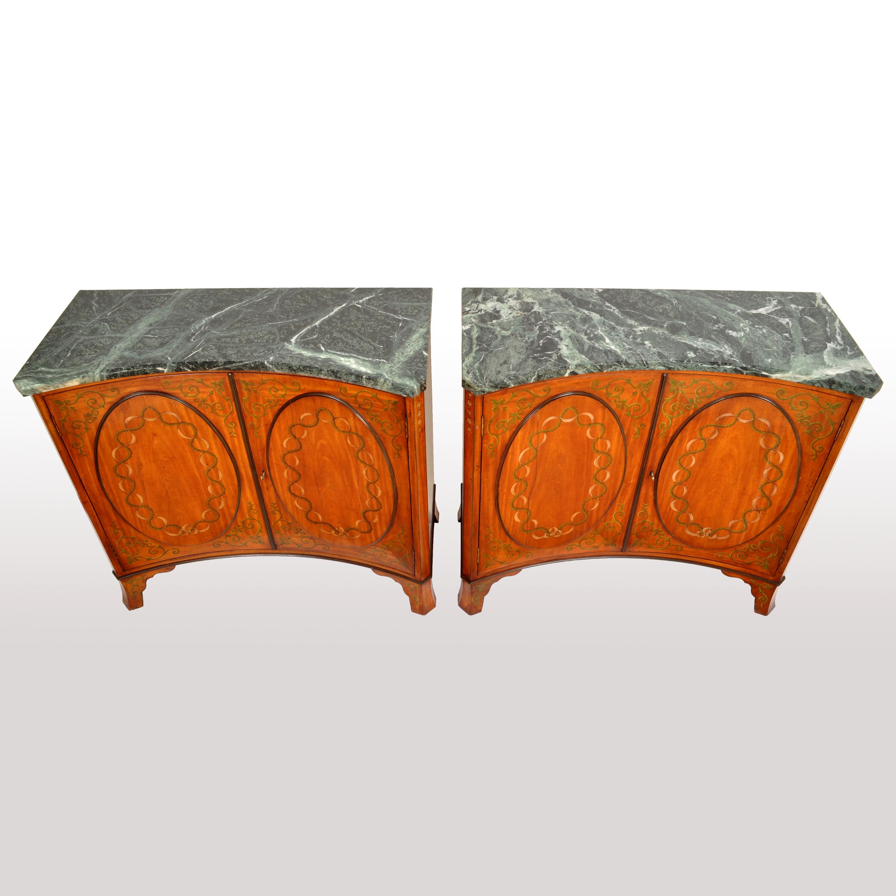 Pair of Antique Marble Top Painted Adam Revival Satinwood Commodes Cabinets 1880 In Good Condition In Portland, OR