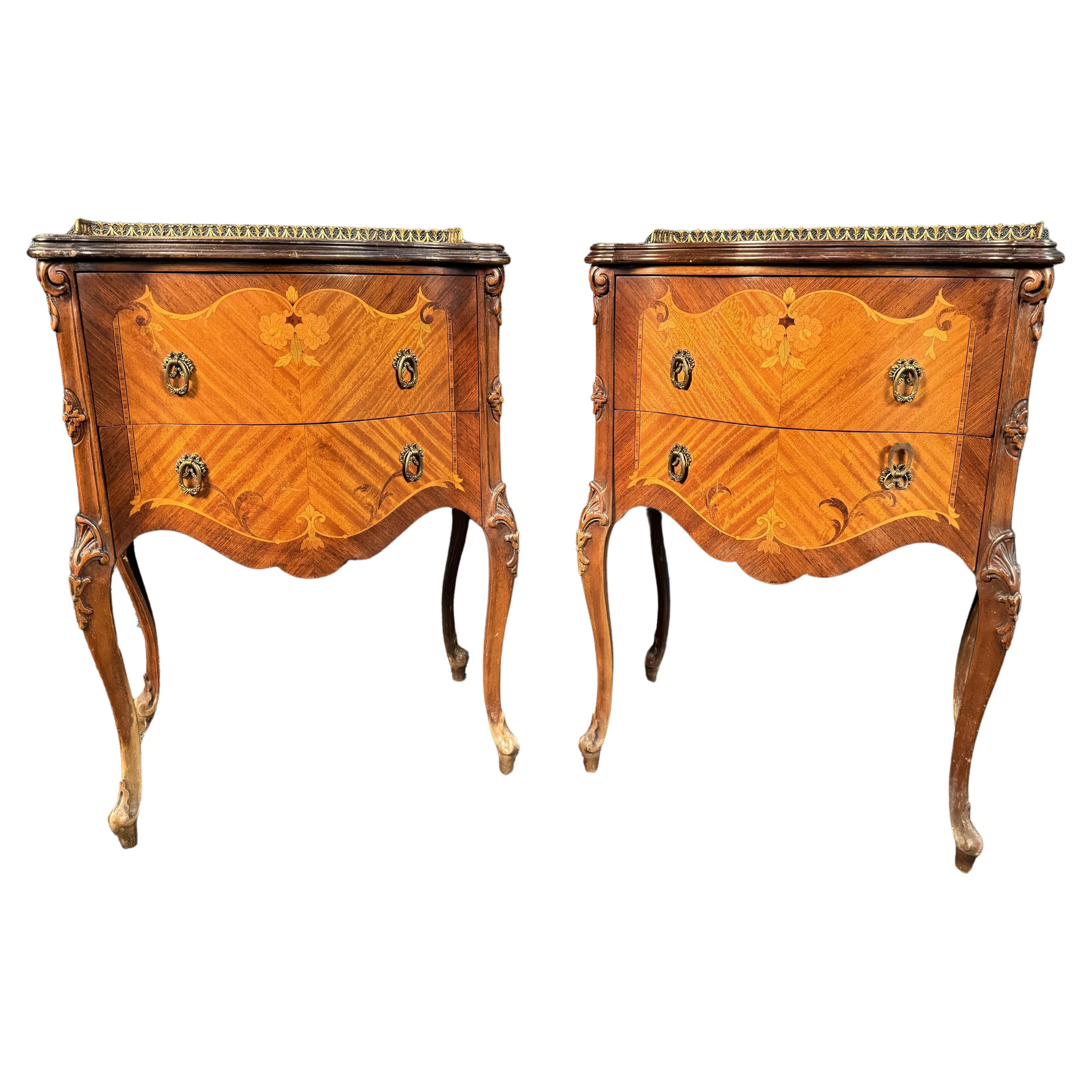 Pair Of Antique Marquetry Louis XV Bedside Tables 