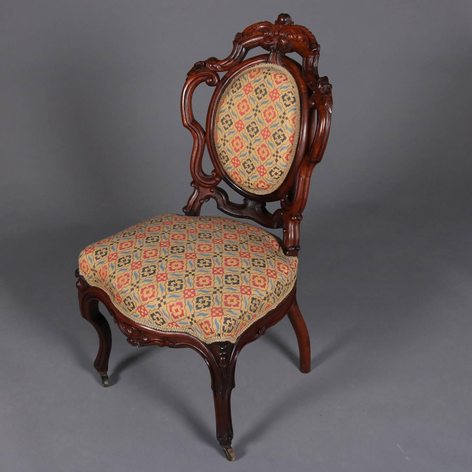 American Pair of Antique Meeks School Victorian Carved Rosewood Side Chairs, circa 1880