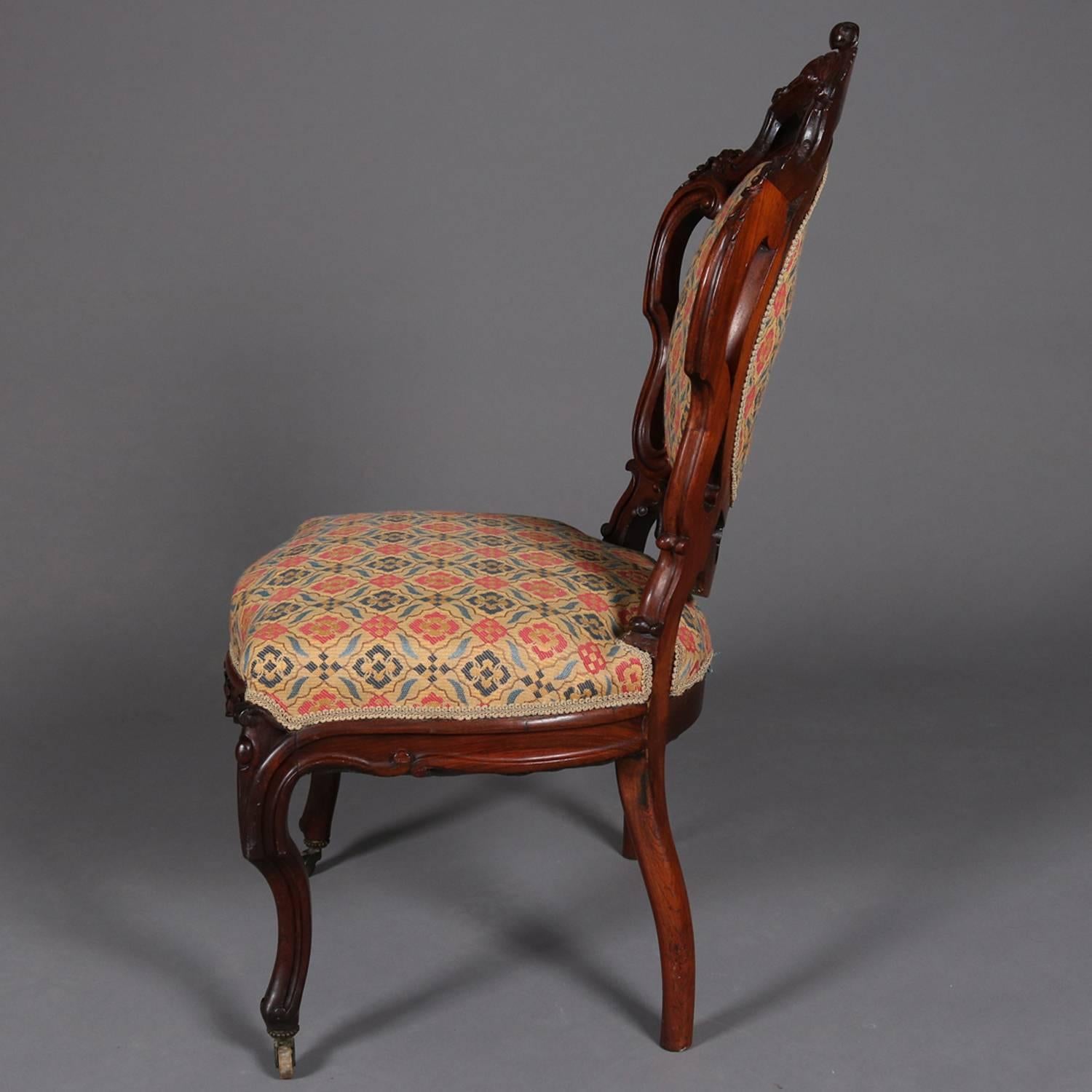 Hand-Carved Pair of Antique Meeks School Victorian Carved Rosewood Side Chairs, circa 1880