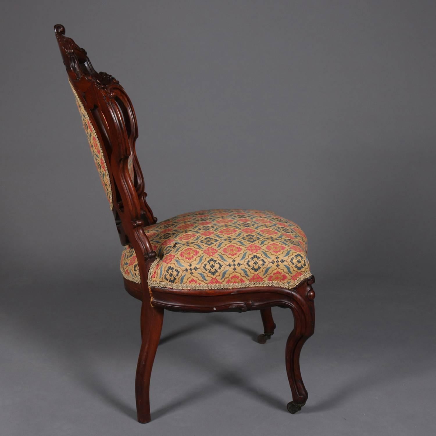 20th Century Pair of Antique Meeks School Victorian Carved Rosewood Side Chairs, circa 1880