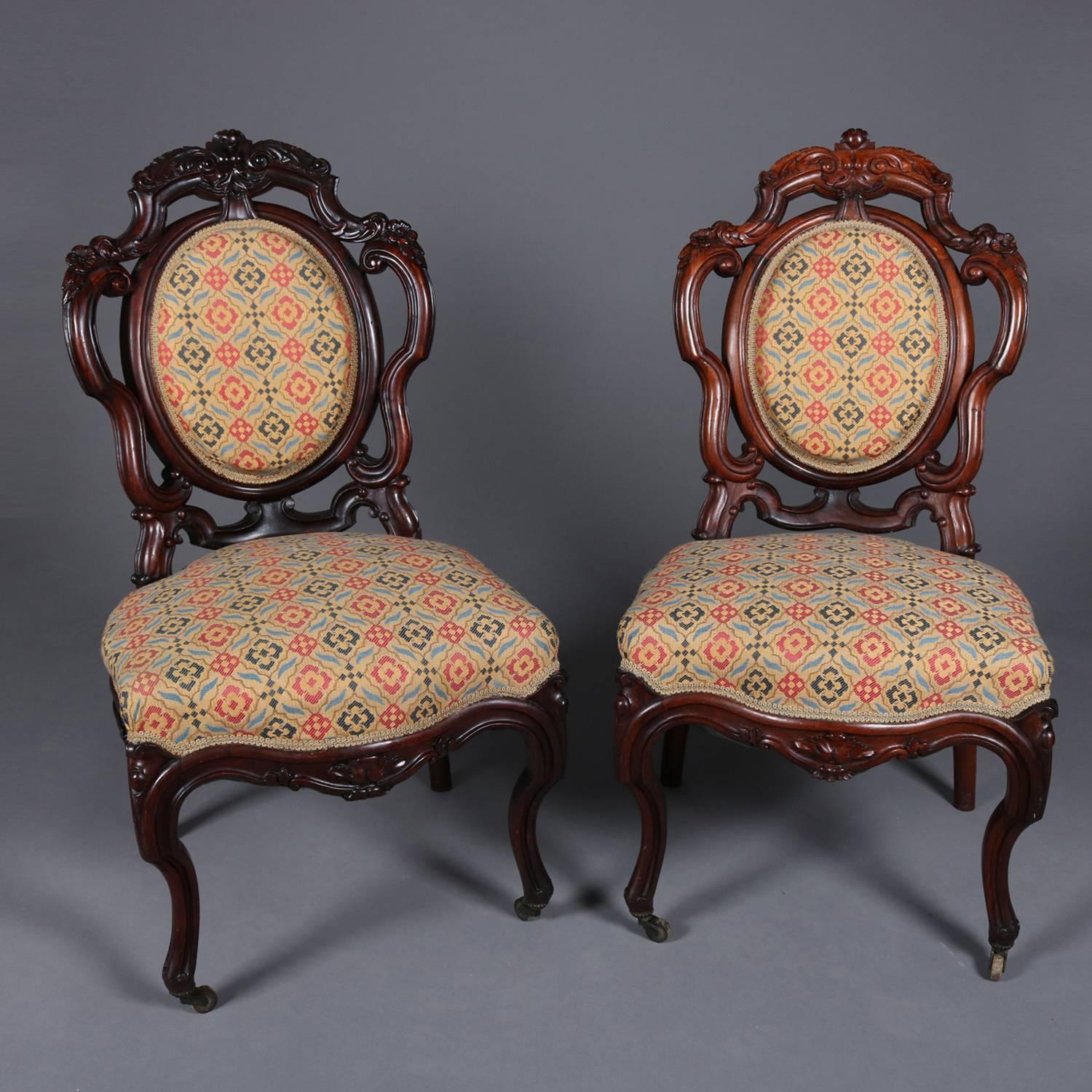 Pair of Antique Meeks School Victorian Carved Rosewood Side Chairs, circa 1880 1