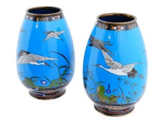 Pair Of Antique Meiji Japanese Cloisonne Enamel Vases Cranes In Flight
