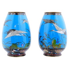 Pair Of Antique Meiji Japanese Cloisonne Enamel Vases Cranes In Flight