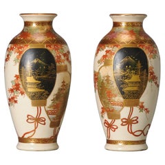 Pair of Antique Meiji Japanese Satsuma Vases, 19th Century