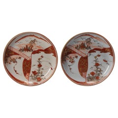 Pair of Antique Meiji Period Japanese Akae Kutani Plates w/ Flower Mark, 19th C.