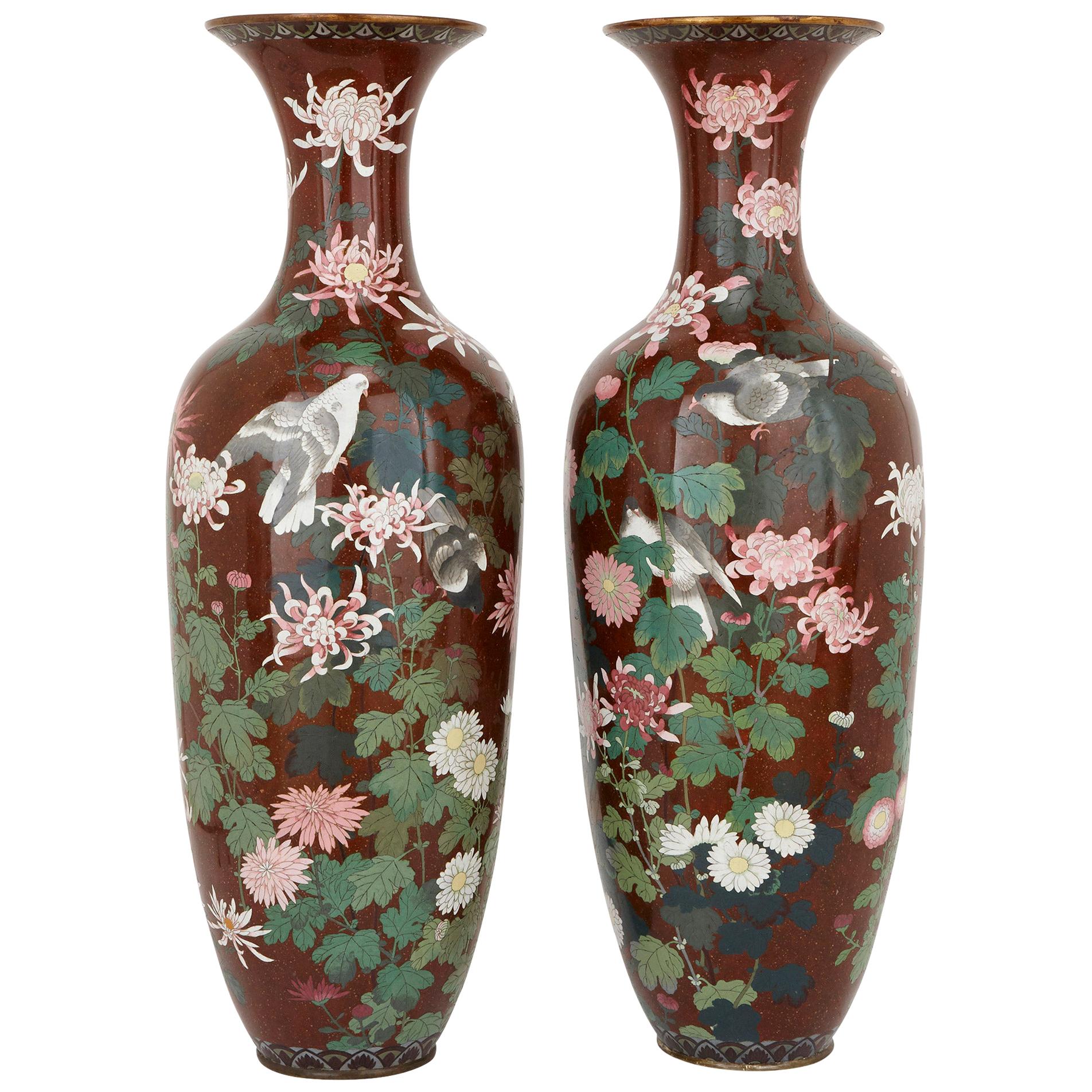 Pair of Antique Meiji Period Japanese Cloisonne Enamel Vases For Sale