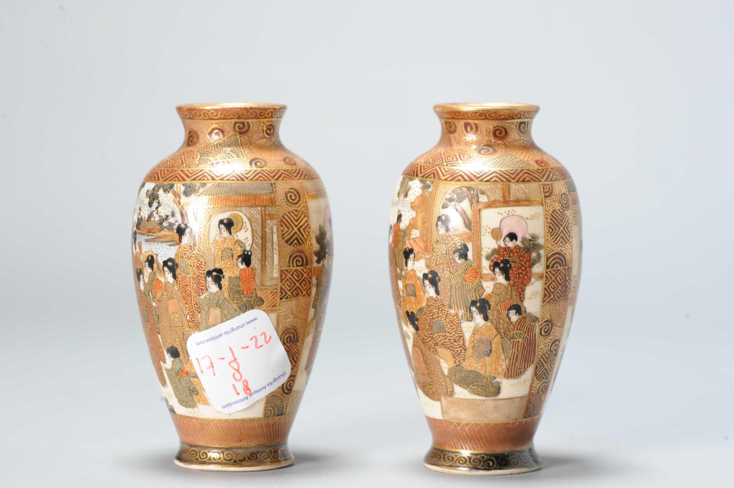 19th Century Pair of Antique Meiji Period Japanese Satsuma Vases Figural Decoration Marked For Sale