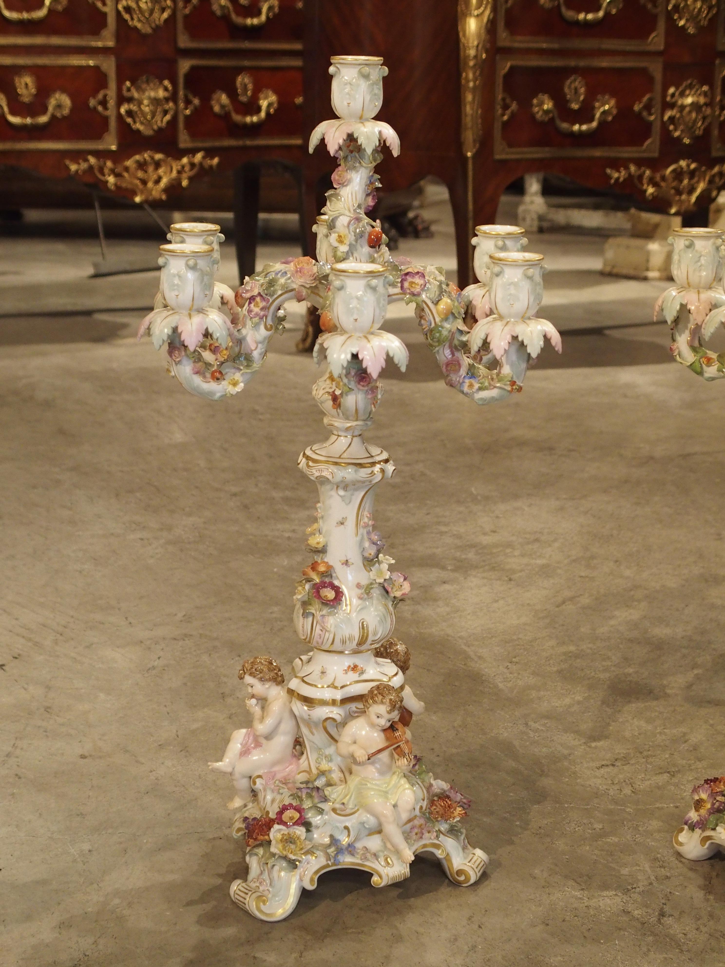 Hand-Painted Pair of Antique Meissen Candelabras, Germany, circa 1910 For Sale