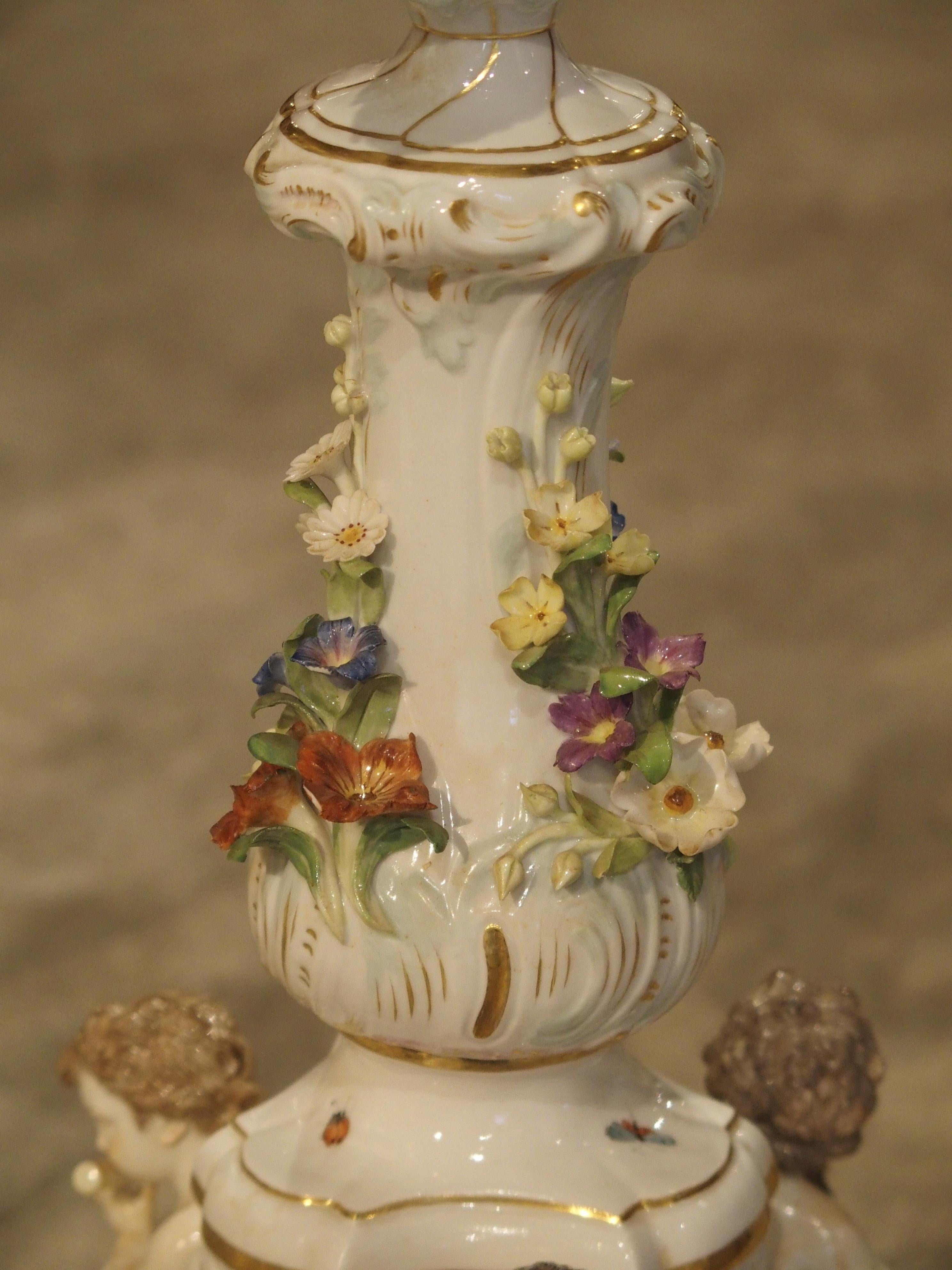 Early 20th Century Pair of Antique Meissen Candelabras, Germany, circa 1910 For Sale