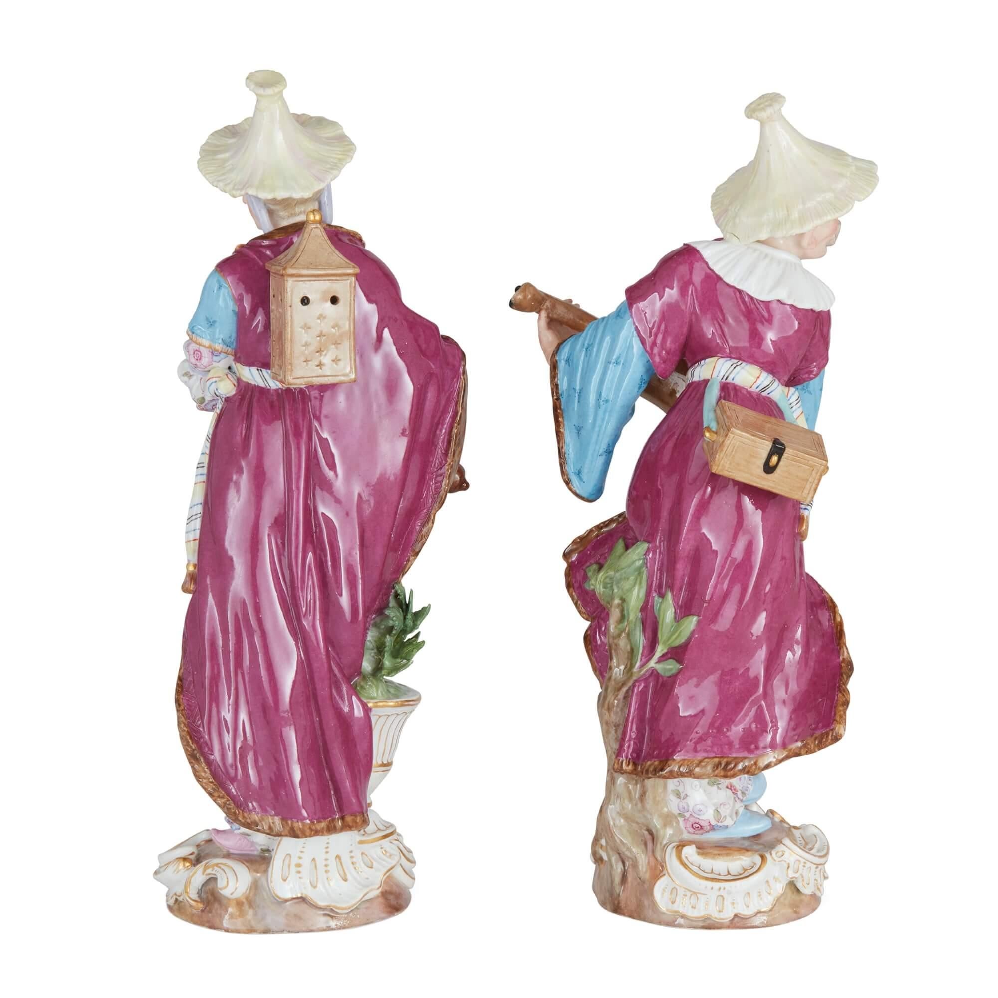 Pair of antique Meissen porcelain figures of Malabar musicians
German, Late 19th Century 
Woman: Height 33cm, width 13cm, depth 11cm
Man: Height 32cm, width 20cm, depth 11cm

Expertly crafted in the late 19th century by the artists at Meissen, the