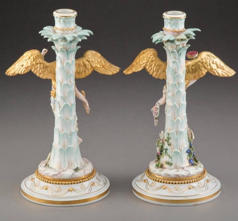 Pareja de candeleros rococó Meissen antiguos Hebe y Ganímedes Alemán en venta