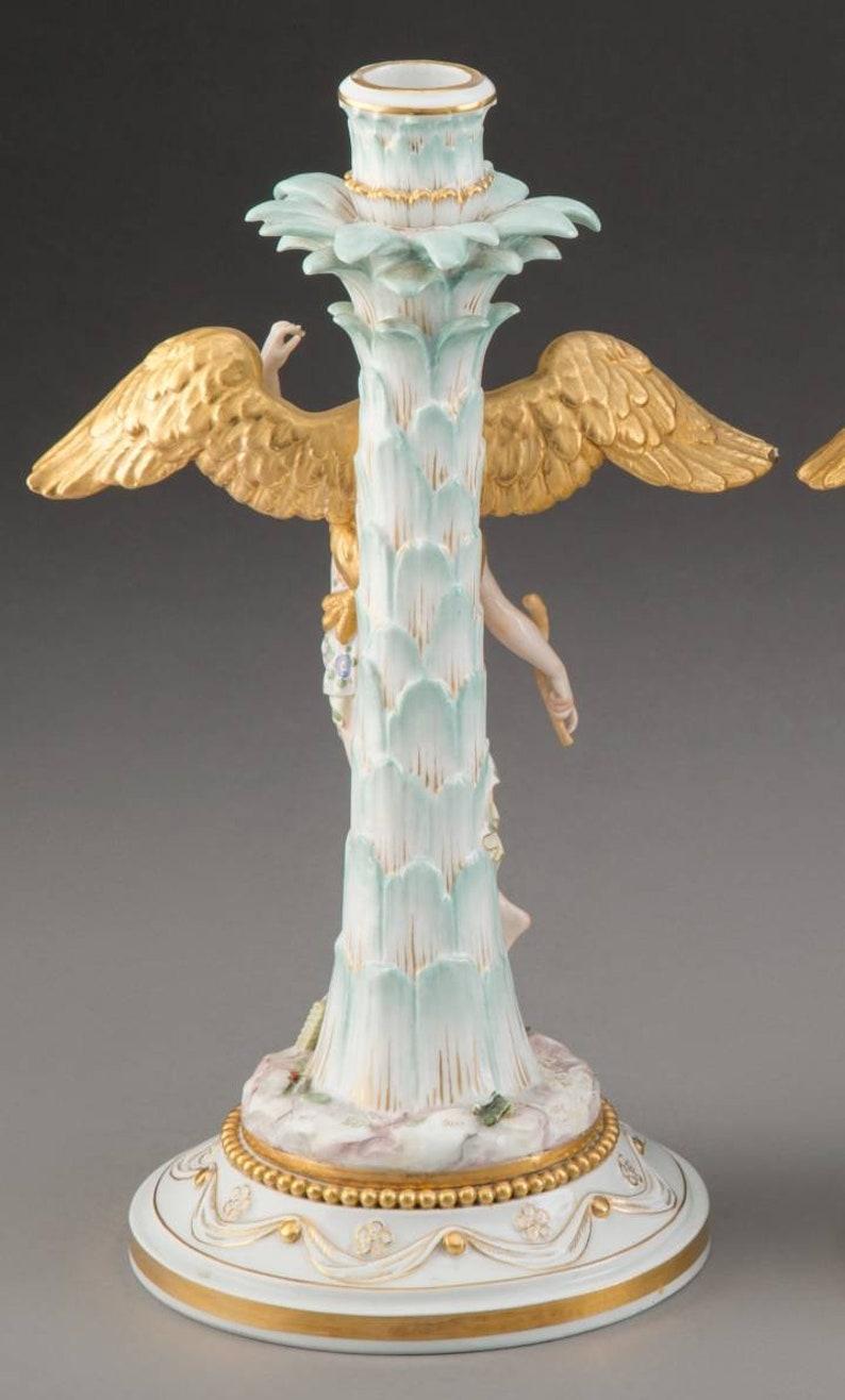 Porcelain Pair of Antique Meissen Rococo Hebe & Ganymede Candlesticks For Sale