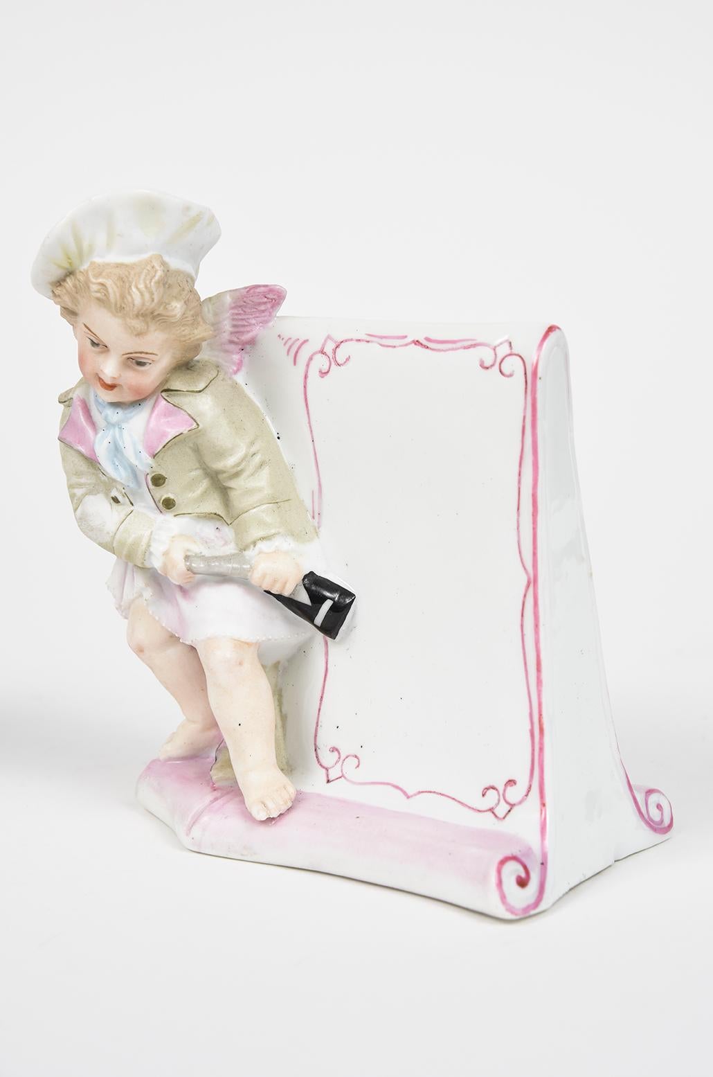 European Pair of Antique Meissen Style Female & Male Cherub Menu Stands For Sale