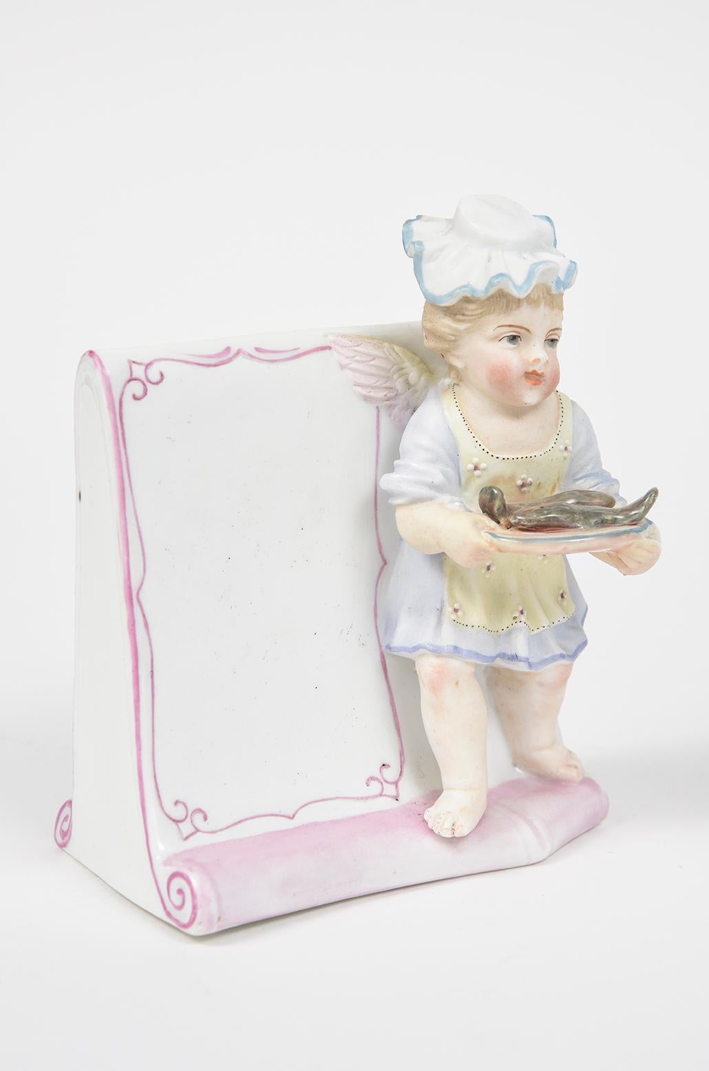 Pair of Antique Meissen Style Female & Male Cherub Menu Stands In Good Condition For Sale In Miami Beach, FL