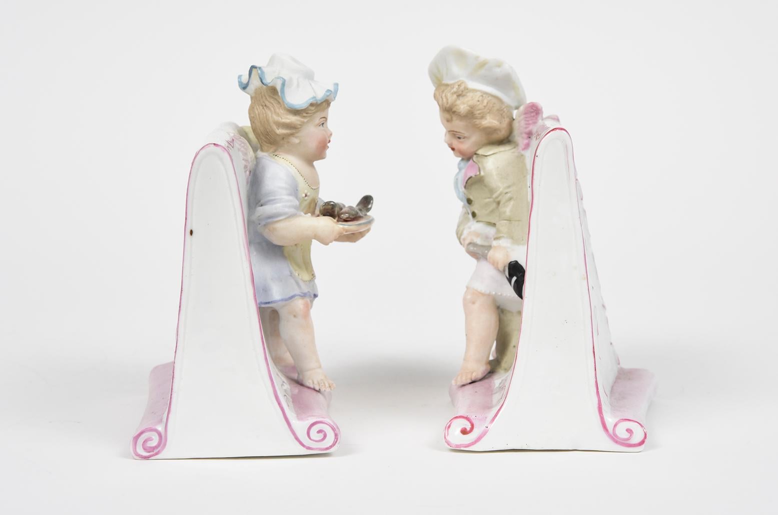20th Century Pair of Antique Meissen Style Female & Male Cherub Menu Stands For Sale