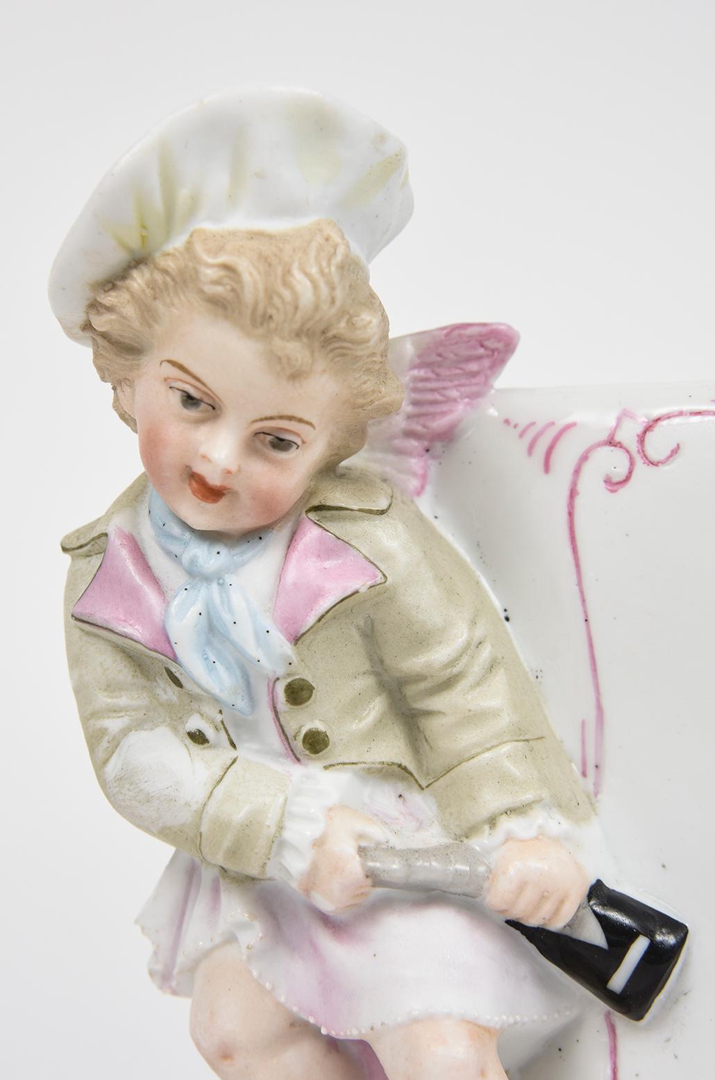 Pair of Antique Meissen Style Female & Male Cherub Menu Stands For Sale 2