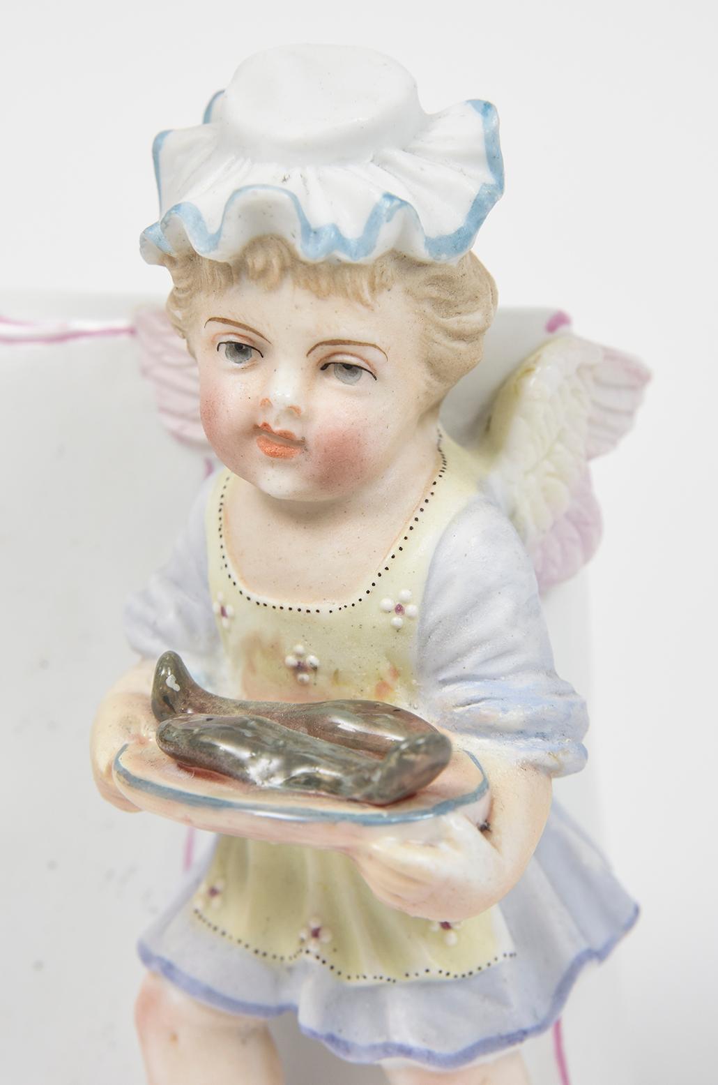 Pair of Antique Meissen Style Female & Male Cherub Menu Stands For Sale 3