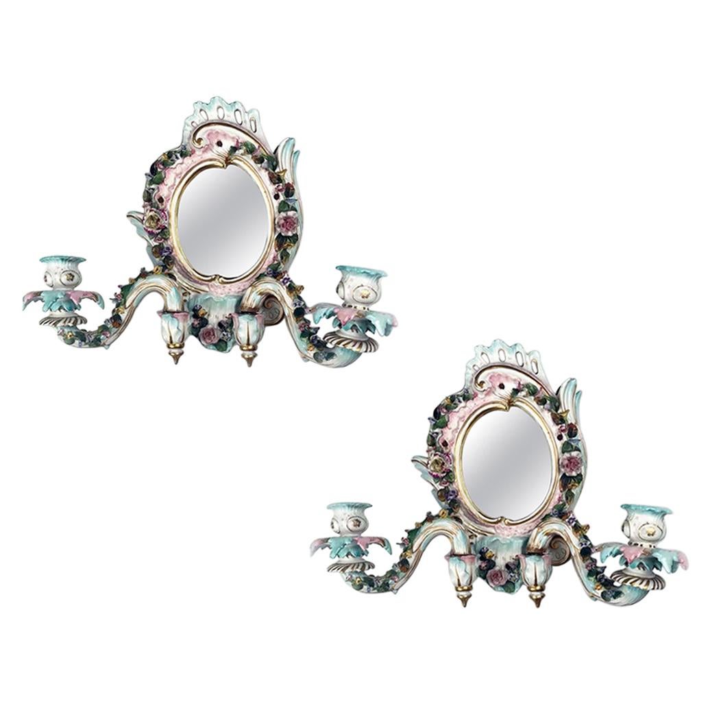 Pair of Antique Meissen Two-Light Mirrored Girandole Sconces For Sale