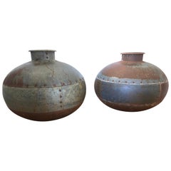 Pair of Antique Metal Water Jugs as Decorative Urns Planters