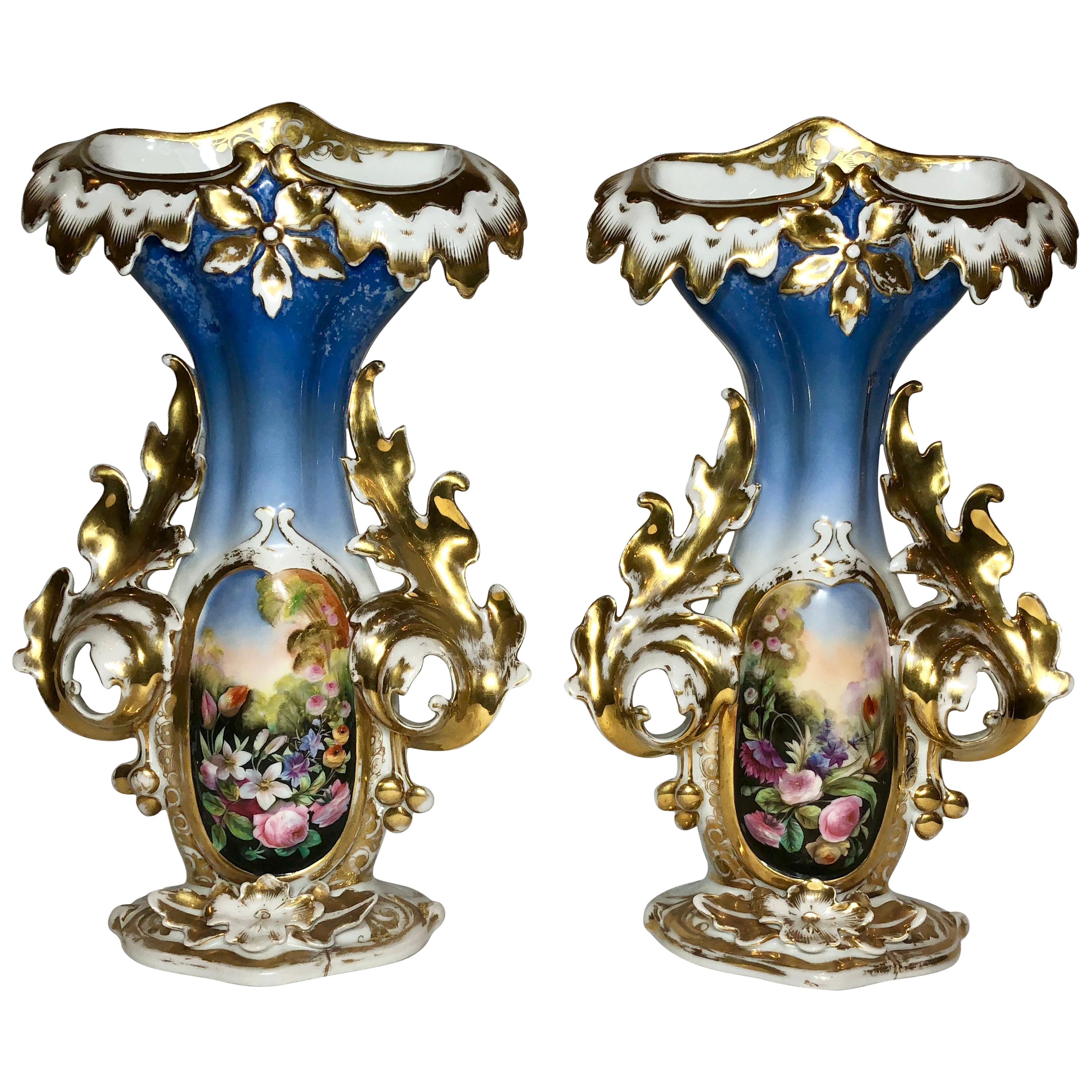 Pair of Antique Mid-19th Century Old Paris Vases