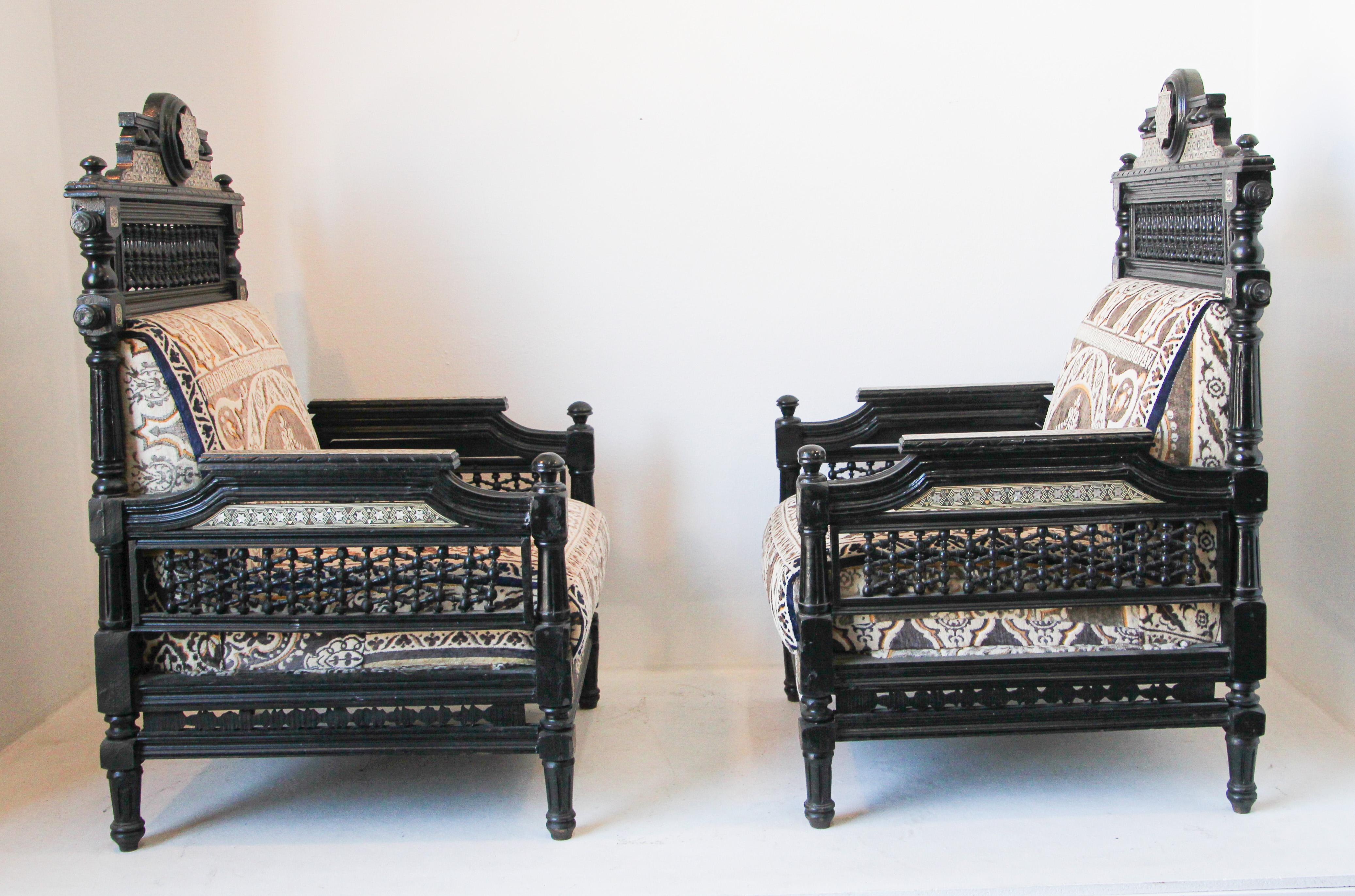 Pair of Antique Middle Eastern Moorish Black Armchairs 11