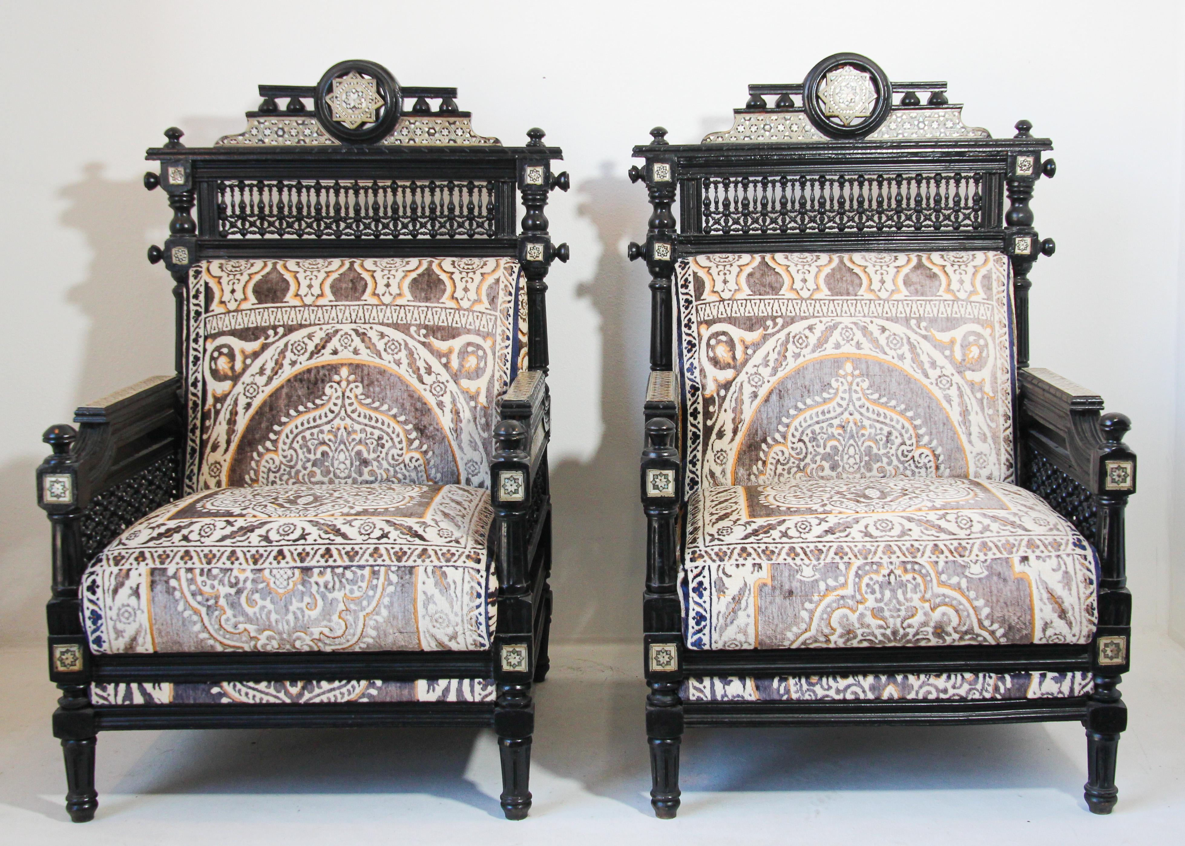 Antique Middle Eastern Moorish style black armchairs
Very rare elegant pair of large Middle Eastern, Egyptian revival armchairs, inlay with intricate Syrian mother-of-pearl shell.
Black color painted and newly reupholstered with Moroccan antique