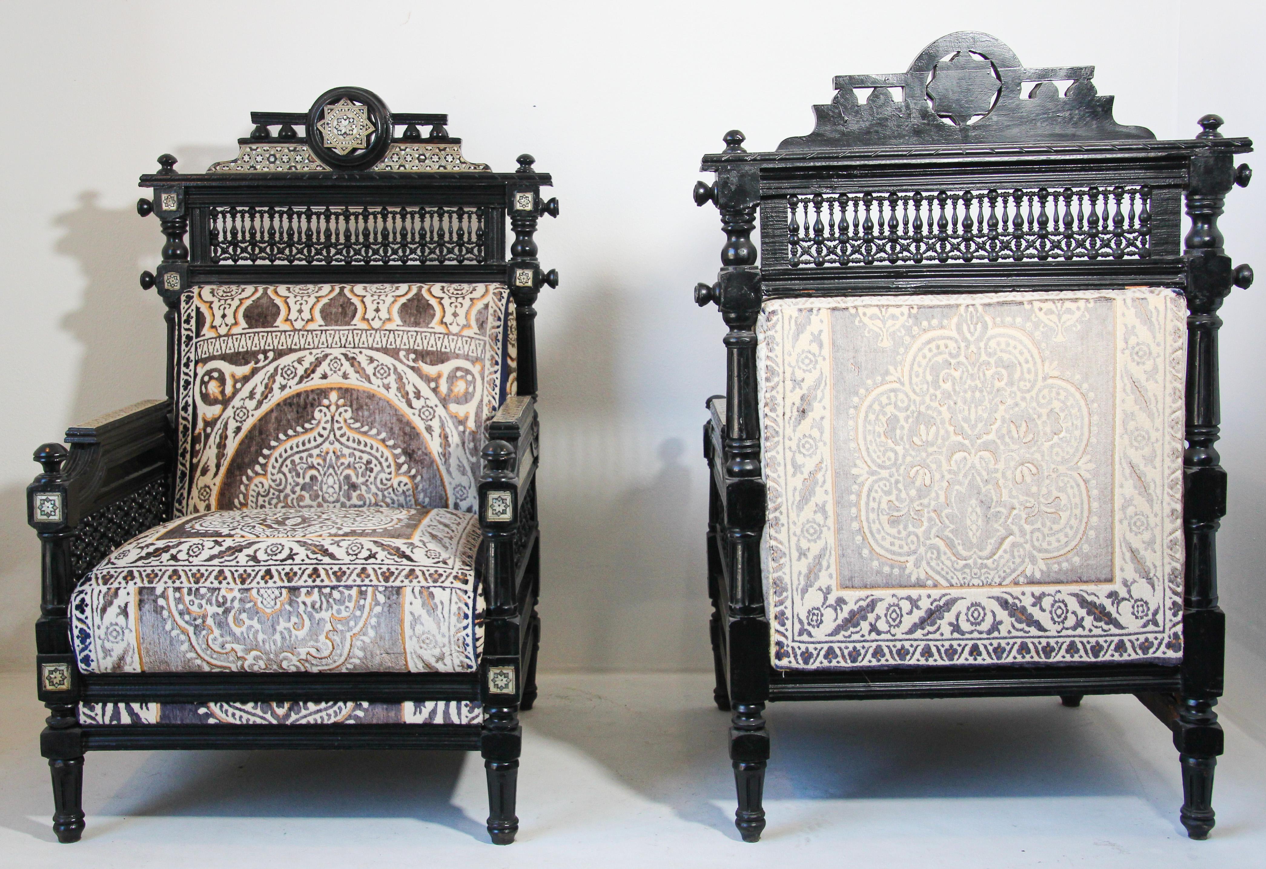 Pair of Antique Middle Eastern Moorish Black Armchairs 13