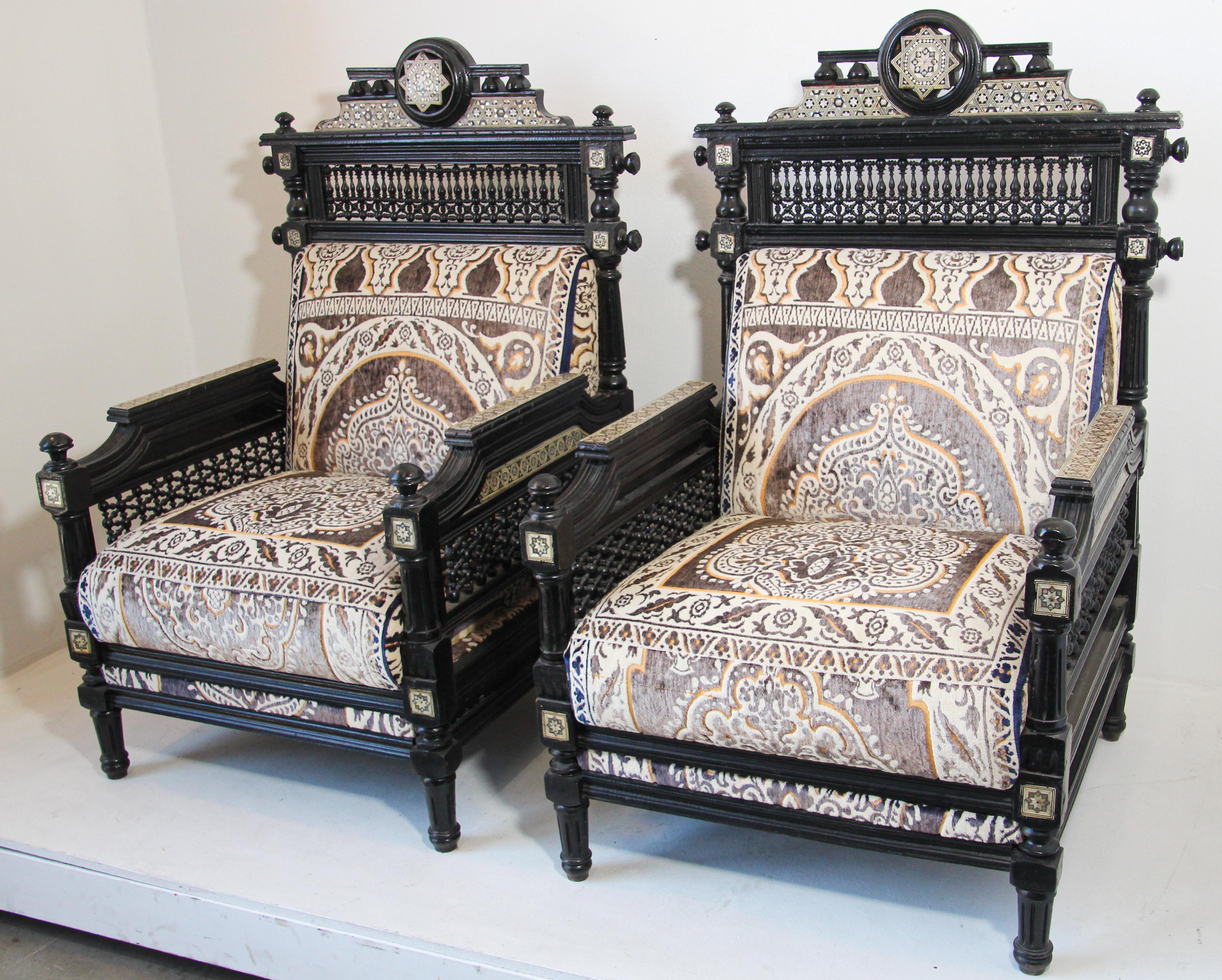 Egyptian Pair of Antique Middle Eastern Moorish Black Armchairs