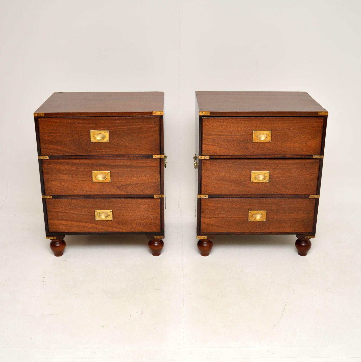 A fantastic pair of antique military campaign bedside chests. They were made in England, they date from around the 1900-1920 period.

They are of superb quality with lots of storage space, they are a large, impressive and useful size. The wood has a