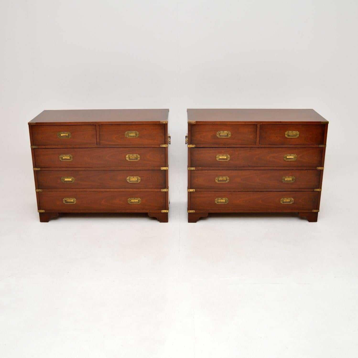 A smart and extremely well made pair of antique military campaign style chest of drawers. They were made in England, they date from around the 1950’s.

The quality is excellent, they are a great size and are very functional. The wood has a lovely