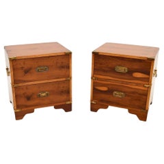 Pair of Antique Military Campaign Style Yew Wood Bedside Chests