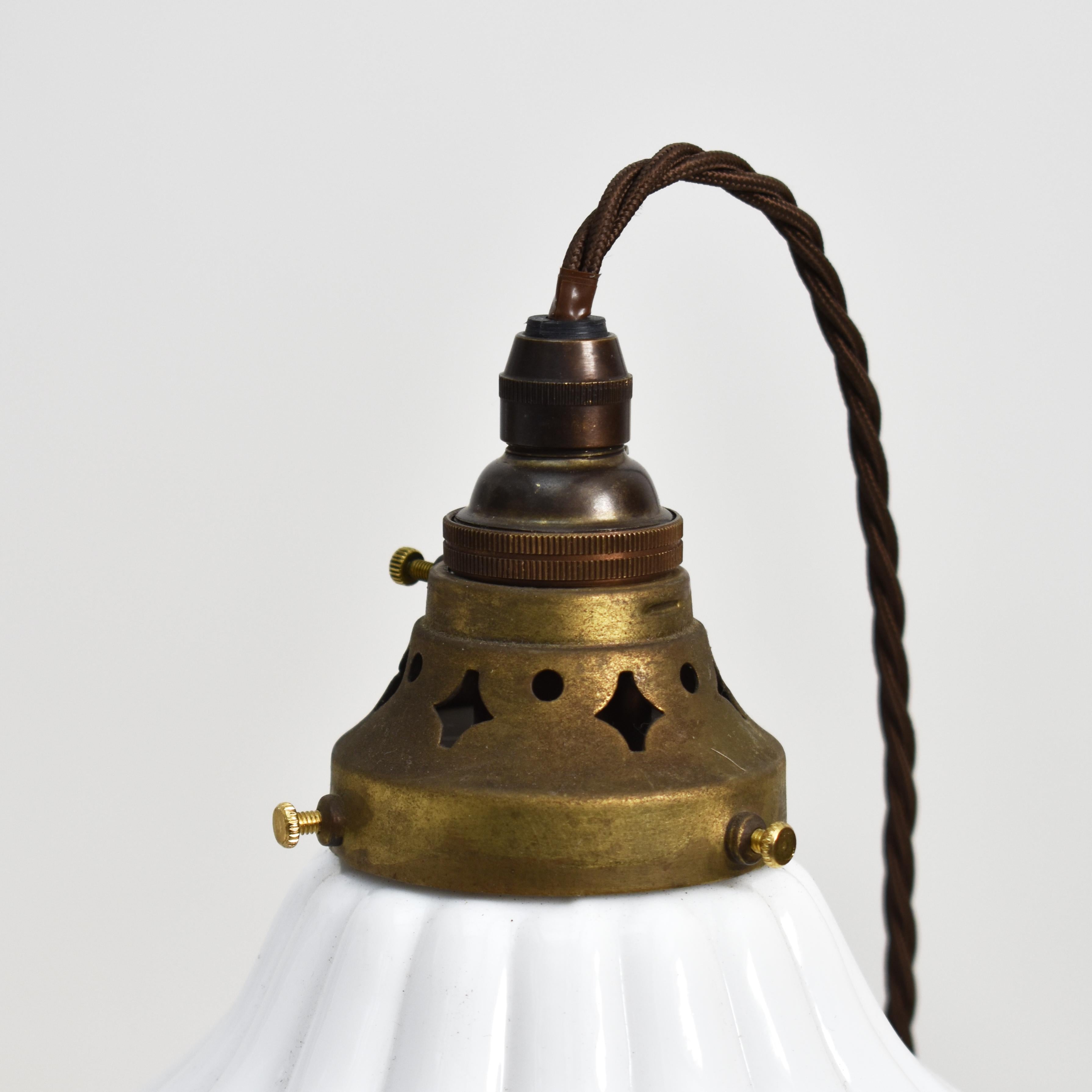 Mid-Century Modern Pair Of Antique Milk Glass Church Holophane Pendant Lights For Sale