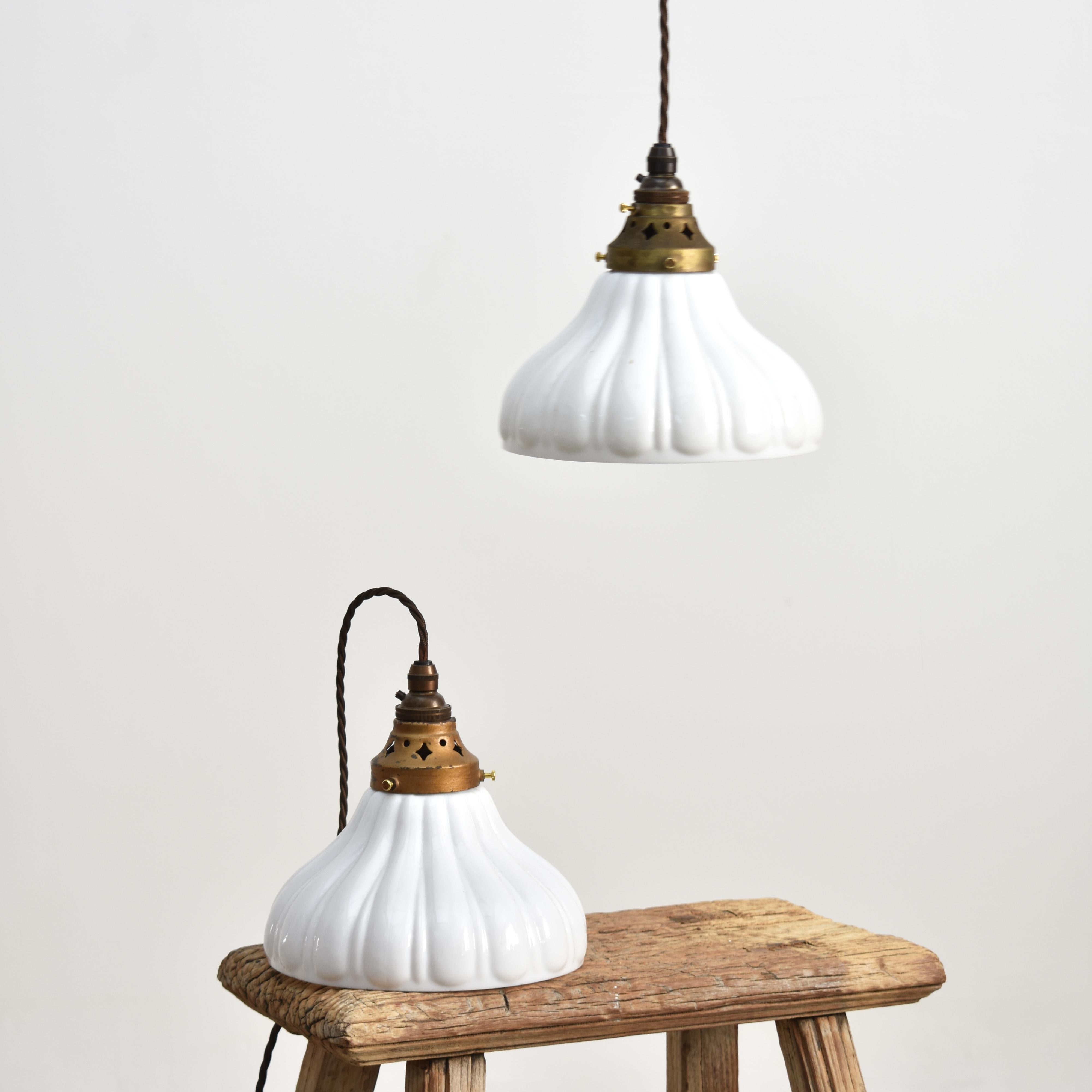 Pair Of Antique Milk Glass Church Holophane Pendant Lights In Good Condition For Sale In Stockbridge, GB