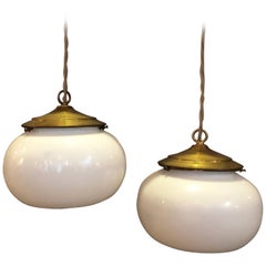 Pair of Antique Milk Glass Open Orb Brass Pendant Lights