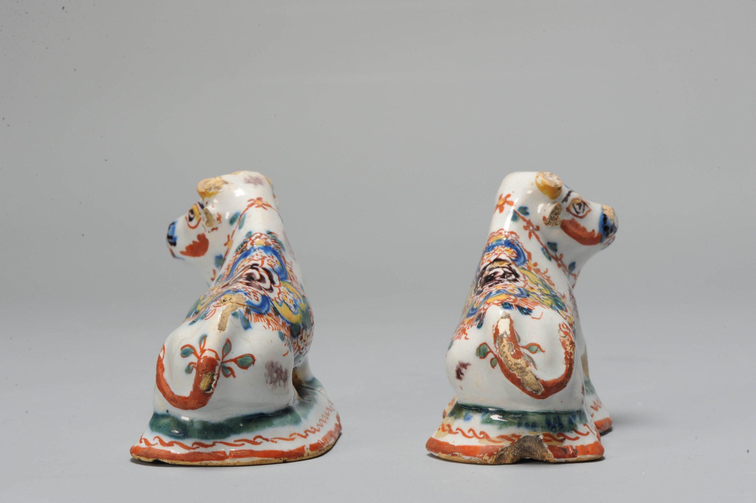 Unusual pair of two small Delft earthenware cows with enamel. They had rough life but still very nice.

Additional information:
Material: Porcelain & Pottery
Region of Origin: Europe
Period: 18th century
Condition: Both restored and