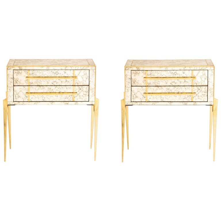 Pair of Antique Mirror and Brass ChestofDrawers/Bedsides at 1stDibs