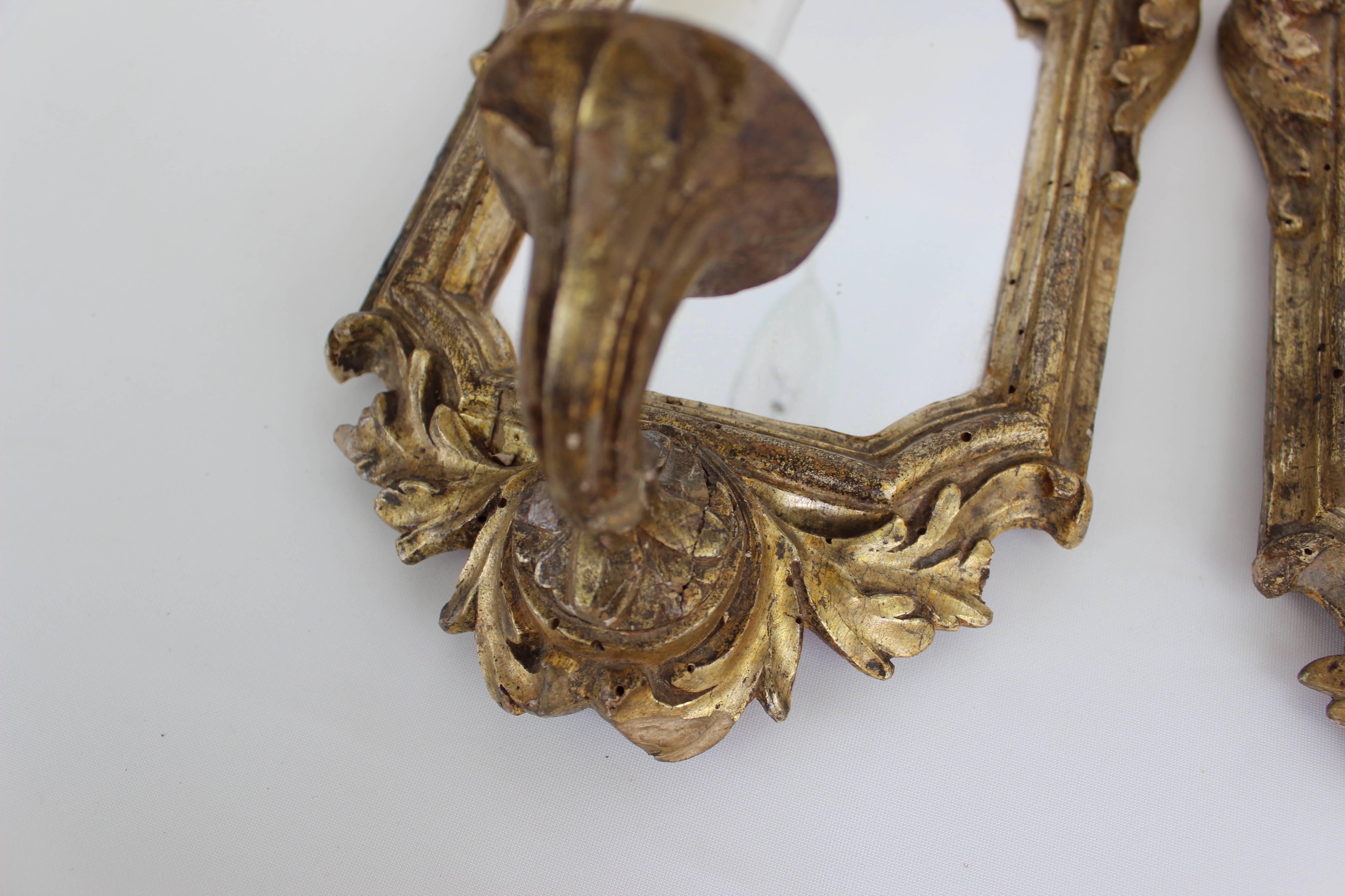 Pair of Antique Mirrored and Electrified Giltwood Sconces 1