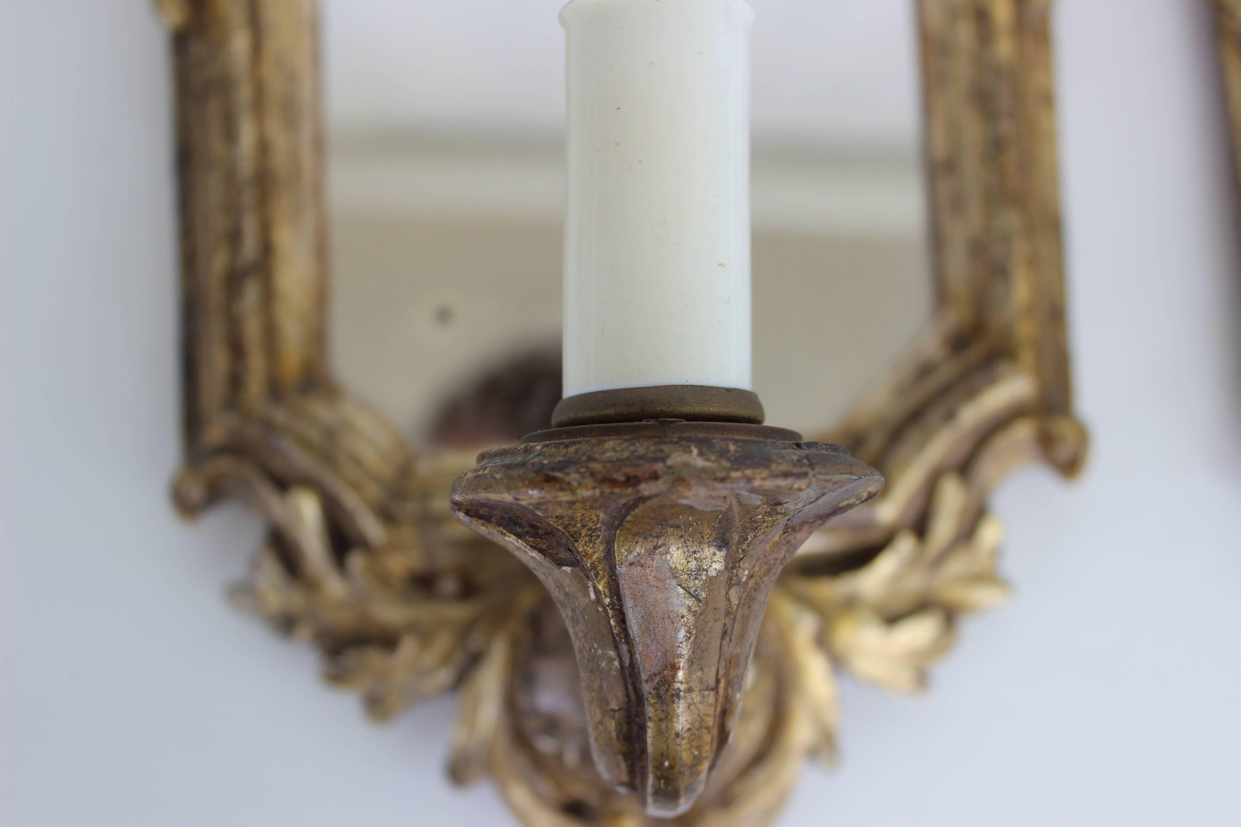 Pair of Antique Mirrored and Electrified Giltwood Sconces 2