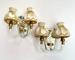 Paar antike Wandleuchter aus verspiegeltem Messing mit Textilschirmen, Art déco, Italien