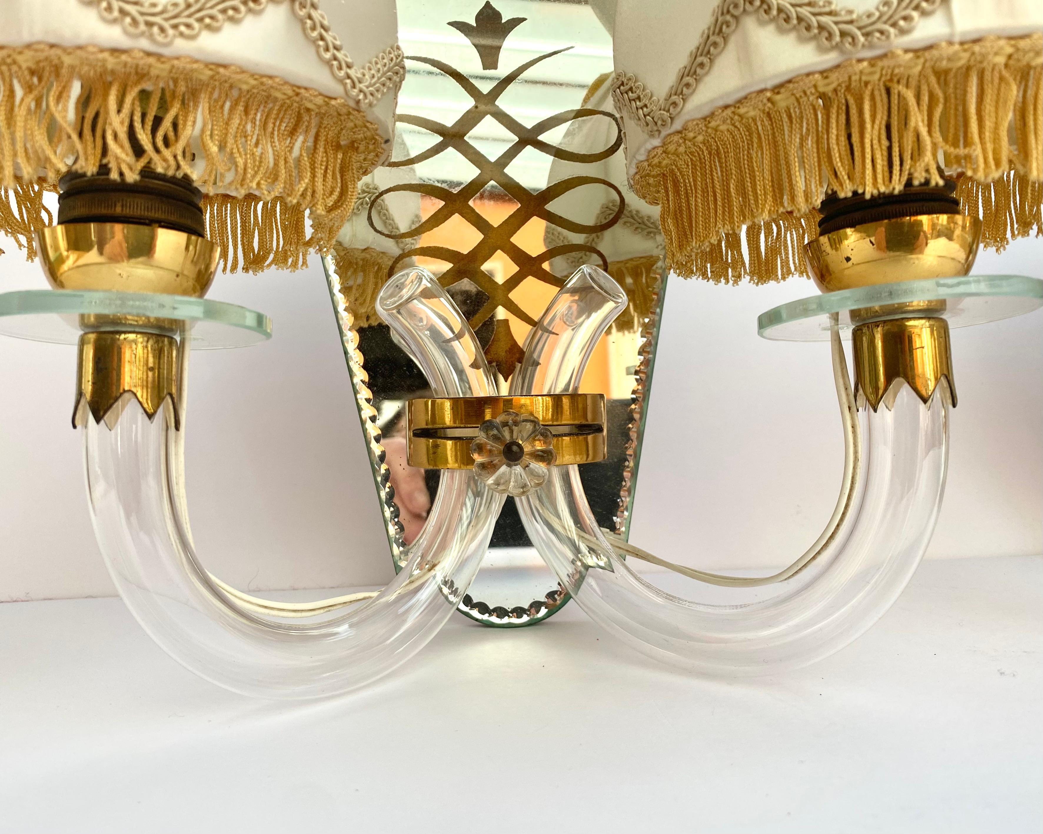 Italian Pair of Antique Mirrored Brass Wall Sconces With Textile Shades, Art Deco, Italy For Sale