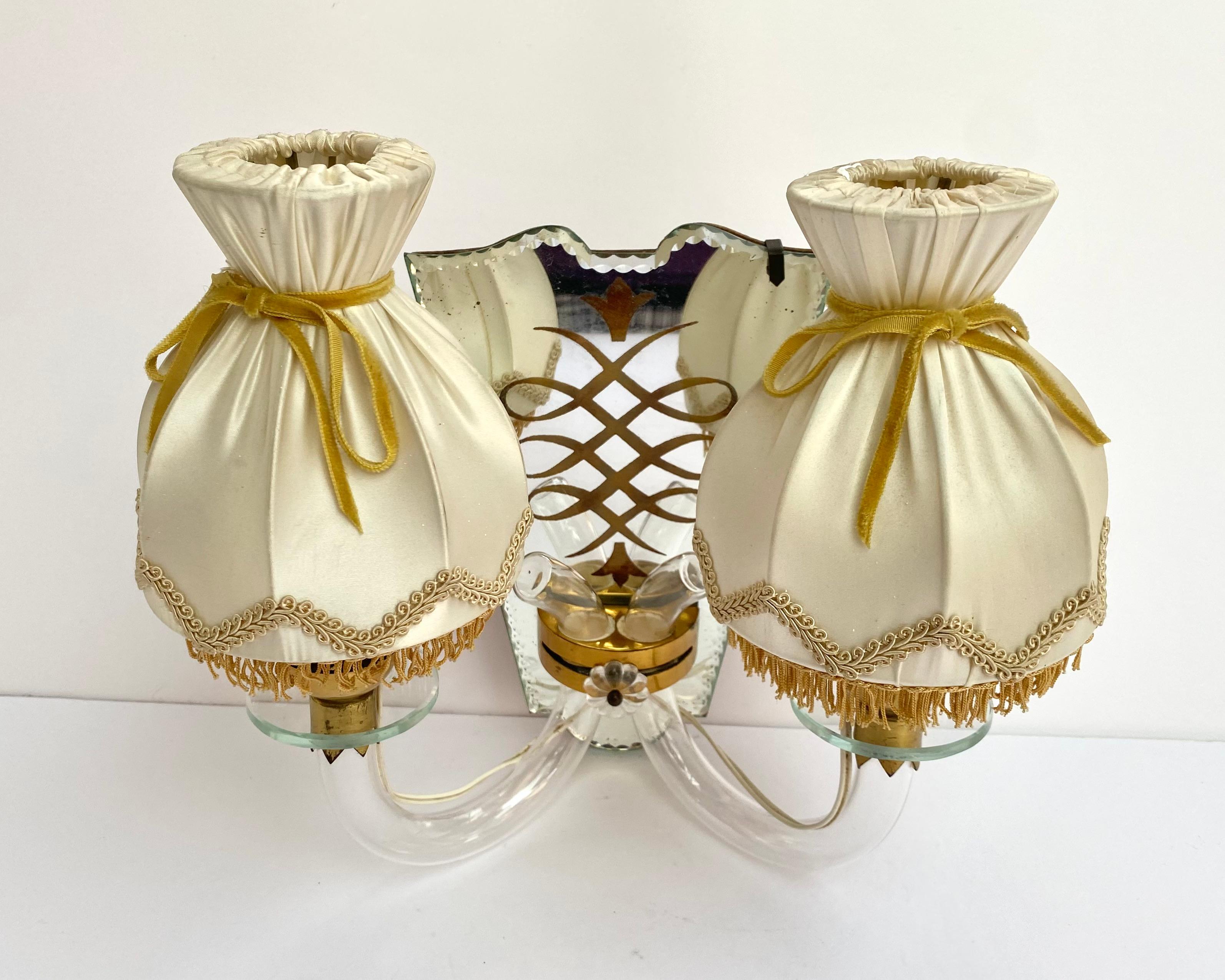 Pair of Antique Mirrored Brass Wall Sconces With Textile Shades, Art Deco, Italy In Excellent Condition For Sale In Bastogne, BE