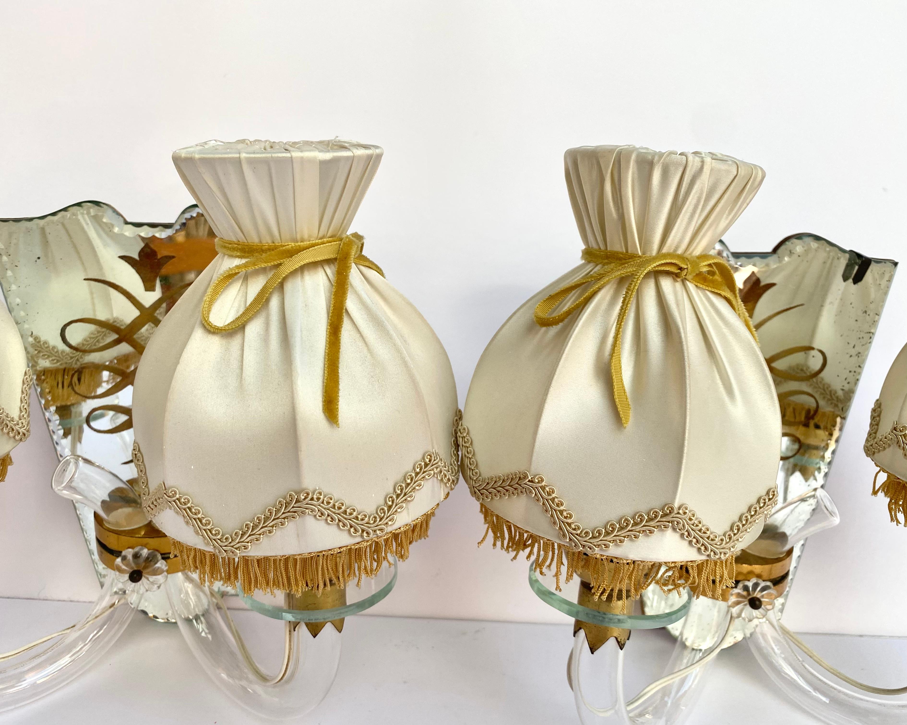 Early 20th Century Pair of Antique Mirrored Brass Wall Sconces With Textile Shades, Art Deco, Italy For Sale
